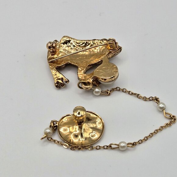 VTG Gold Tone Whimsy Fairy Cottage Frog Lilly pad Chain Link Faux Pearl Tie Tac - Picture 3 of 11